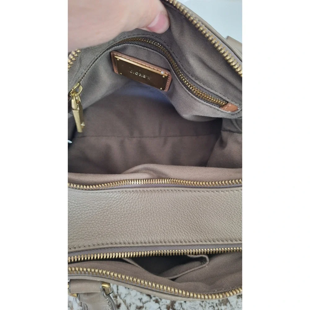 J.Crew Edie Satchel Bag Taupe Pebbled Leather Gold‎ Hardware Multi Compartment